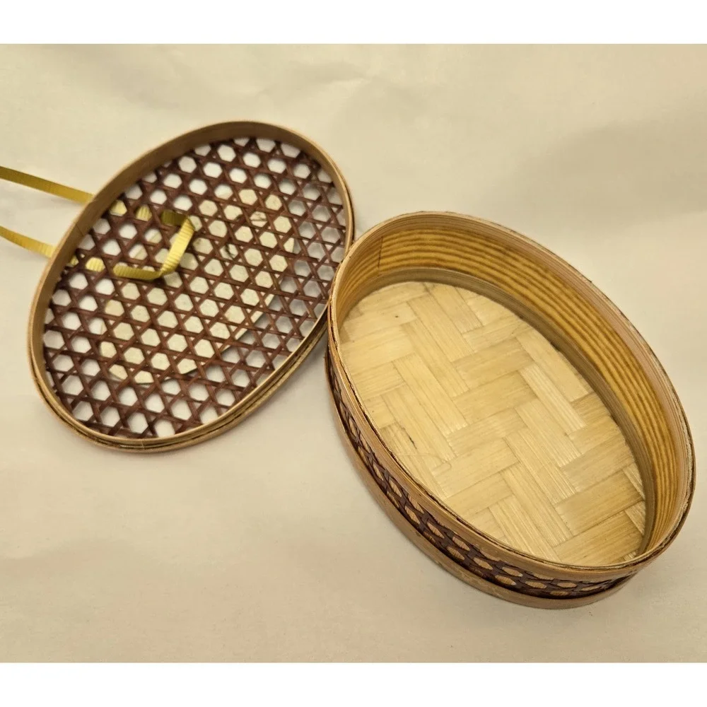 Vintage Chinese Woven Bamboo Rattan Sewing Basket Trinket Box w/Lid Design Scene